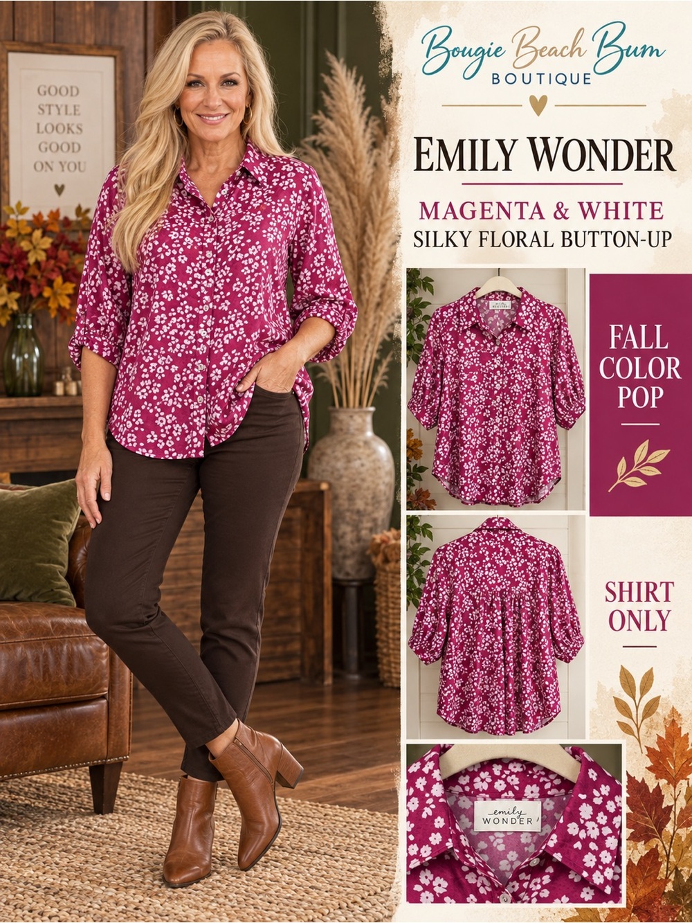 Emily Wonder Silky Floral Button-Up Shirt — Pink